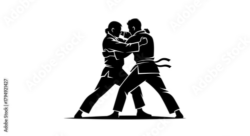 Dynamic Silhouette of Two Martial Arts Fighters Engaged in Combat.