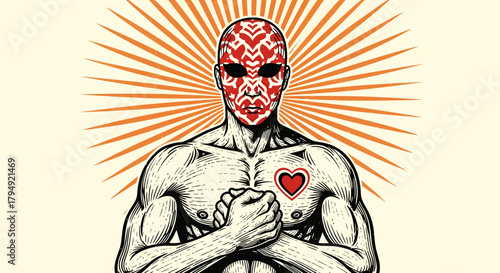 Intense Male Figure with Ornate Face and Heart Symbol.
