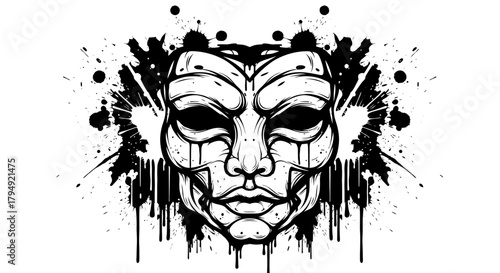 Intricate Black and White Mask with Abstract Paint Splatter Design.