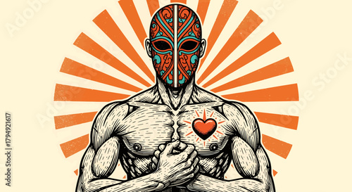 Intricate Masked Figure with Heart Symbol on Chest.