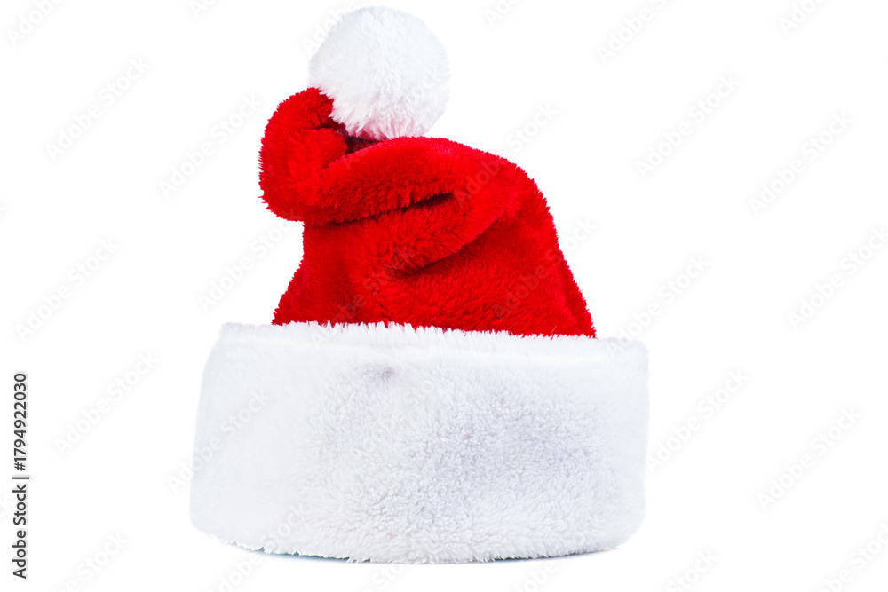 Fototapeta premium Red Santa hat with white pom-pom. Cristmas accessory. Isolated on white background