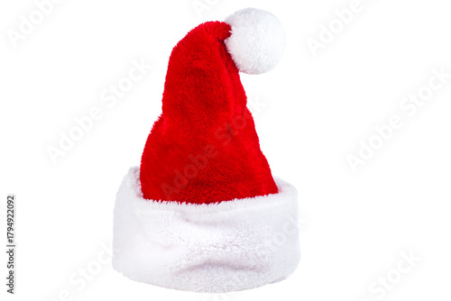 Red Santa hat with white pom-pom. Cristmas accessory. Isolated on white background