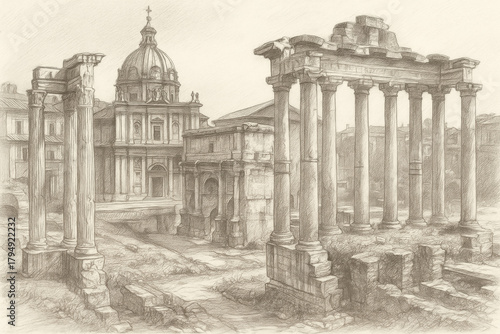 Classical pencil sketch of the Temple of Saturn and Temple of Vespasian and Titus ruins with the Church of Santi Luca e Martina in the Roman Forum, Rome, Italy.