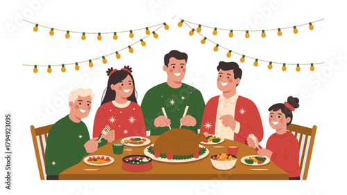 Festive Feast: Gathered around a bountiful table, a warm family shares laughter and a delicious holiday meal, under the soft glow of festive lights.