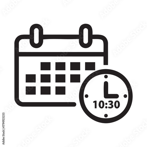 Black and white icon representing a calendar and a clock showing 1030