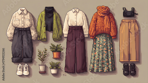Flatlay pixel art showing seasonal women's fashion outfits