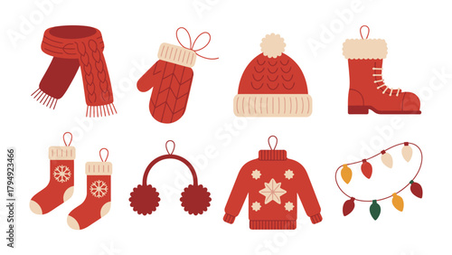 Festive Winter Collection: An assortment of cozy winter essentials, including a scarf, mittens, cap, boot, stockings, earmuffs, sweater, and garland, all embodying the warmth and cheer of the season.