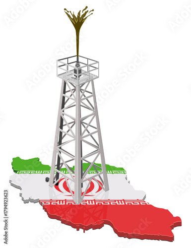 Petroleum drilling rig standing on the Iran country map (flag colors). Concept for oil, gas, natural resources, or energy economy. (cut out)