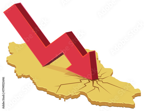 Yellow Iran map cracked by a large red arrow crashing down. Concept of economic recession or financial crisis in the Middle East. (cut out)