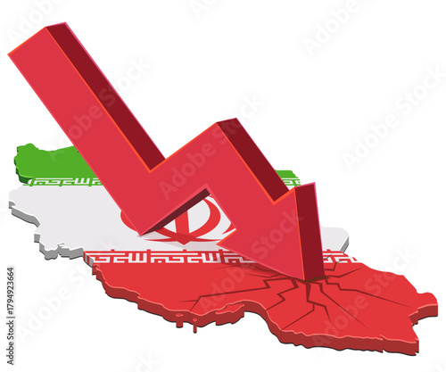 Iran 3D map (flag colors) cracked by a large red arrow crashing down. Concept of economic recession or crisis in the Middle East. (cut out)