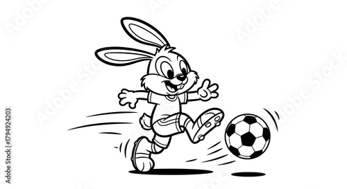 Enthusiastic bunny soccer player cartoon character strikes the ball with energetic stride and