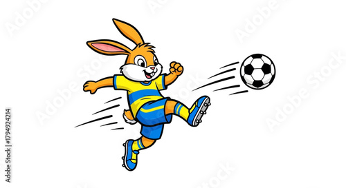 Dynamic depiction of a cartoon rabbit energetically kicking a soccer ball in motion on a clean