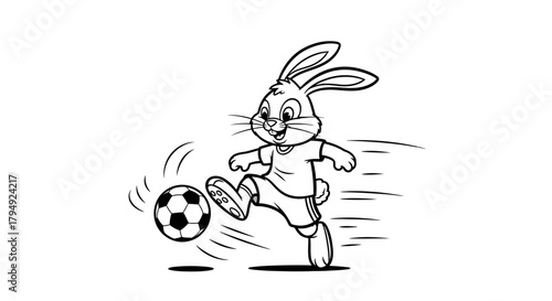 Cartoon rabbit confidently dribbles a soccer ball across a white field with energy