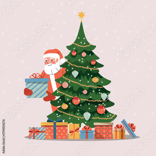 Colorful wrapped gift boxes in front of the Christmas tree. Santa Claus is hiding behind the Christmas tree with a gift in his hands. Vector flat illustration