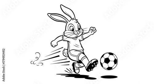 Dynamic illustration of a cartoon bunny intensely kicking a soccer ball with speed trails