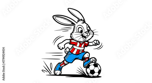 Playful animated bunny footballer in action skillfully maneuvering a soccer ball