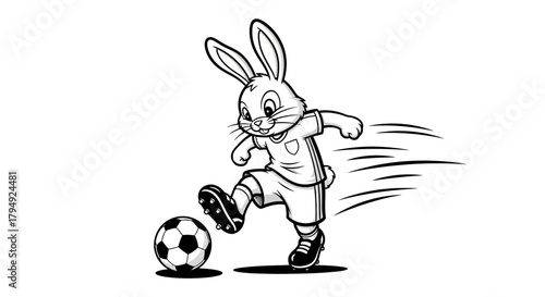Dynamic monochrome depiction of a rabbit athlete in action kicking a soccer ball
