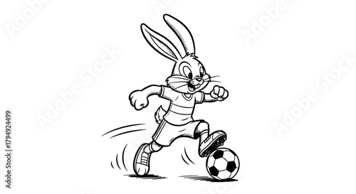 Animated rabbit cartoon character in soccer gear dribbling a soccer ball with speed lines