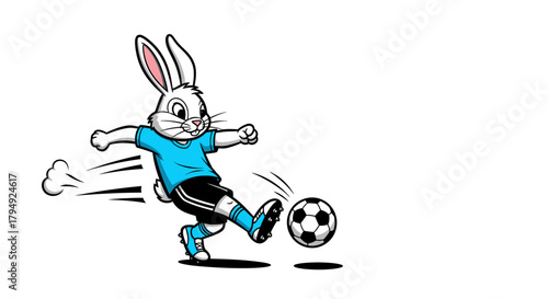 Cartoon illustration of a sporty rabbit kicking a soccer ball with playful energy and dynamic