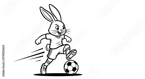 Dynamic illustration depicting a determined rabbit playing soccer with energy lines portraying