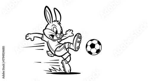 Energetic rabbit cartoon character in action kicking a soccer ball with speed lines