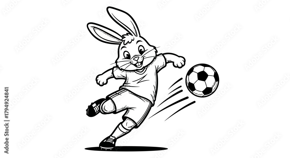 Fototapeta premium Energetic Bunny Soccer Player Kicking Ball with Determination and Skill in a Graphic Design