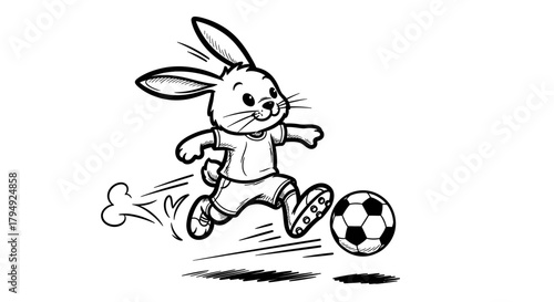 Energetic bunny soccer player cartoon illustration running to kick ball ready for the match