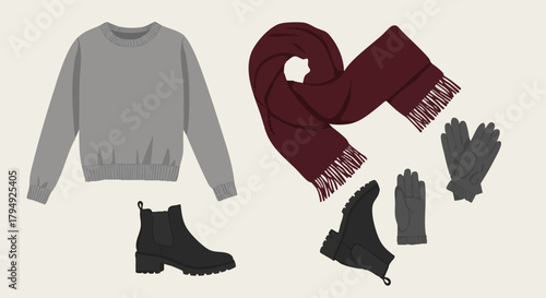Winter Clothing Set Cozy Sweater, Scarf, Gloves, and Boots Flat Lay Illustration
