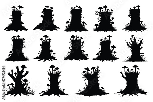 Black silhouette tree stumps with mushrooms and grass