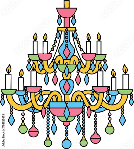 Ornate Ornate Colorful Chandelier With Many Light Bulbs And Crystal Dangling Ornaments