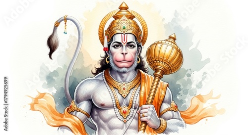 Watercolor rendering of a crowned mythological figure holding a mace weapon