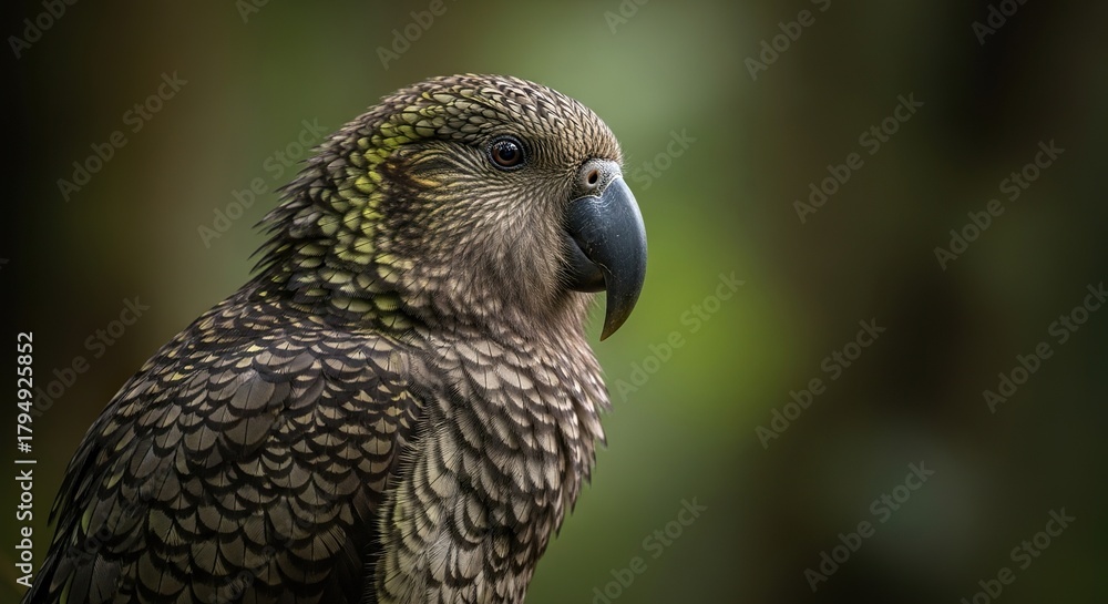 Obraz premium Rare Kakapo portrait, soft diffused forest light, 600mm telephoto DOF, painterly realism