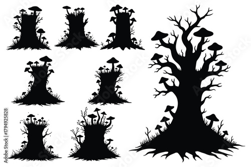 Black silhouettes of mushrooms growing on stumps and a tree