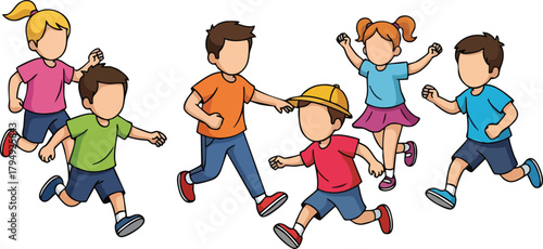 Group Of Children Running Together Outdoors With White Background
