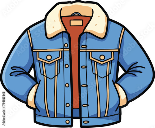 Blue Denim Jacket with Sherpa Collar and Orange Lining Isolated on White Background