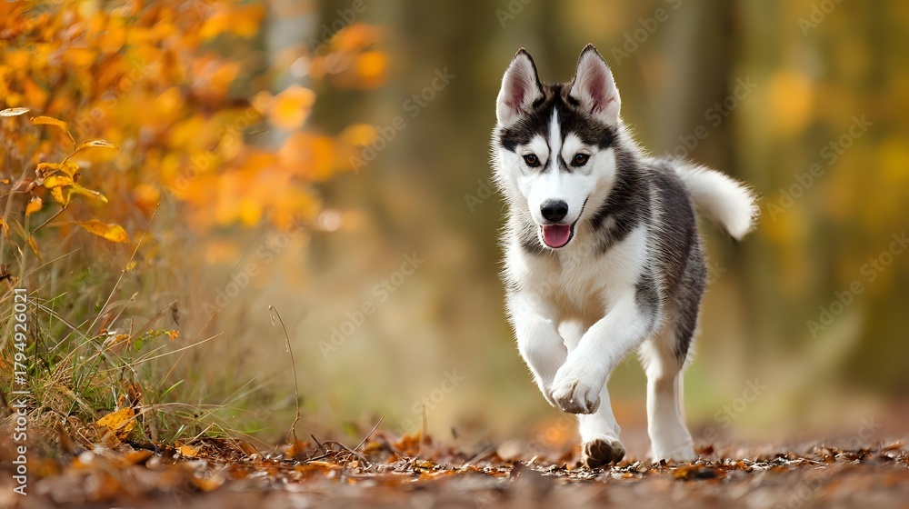 Obraz premium Siberian husky puppy running through autumn forest with fallen leaves, showcasing playful energy and vibrant fall colors in natural outdoor setting.
