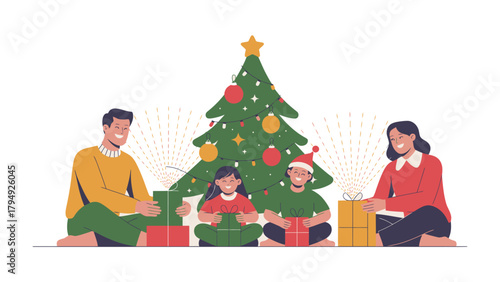 Cozy Christmas Moments: A happy family gathers around a festive Christmas tree, exchanging presents and sharing moments of joy.
