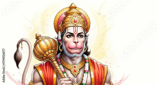 Hanuman's portrayal with radiant halo and symbolic mace in bright artwork