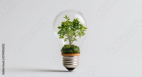 Light bulb with a growing plant inside on a white background an energy and eco concept. this stock photo won a contest with a flat lay composition high resolution photography and high detail.