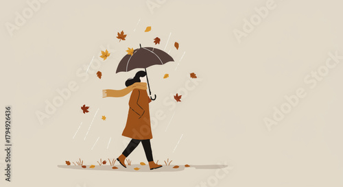 Autumn Rain Illustration of Woman Walking with Umbrella Cozy Fall Vector Art
