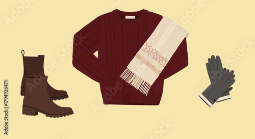Winter Outfit Set Illustration with Sweater, Scarf, Boots, and Gloves