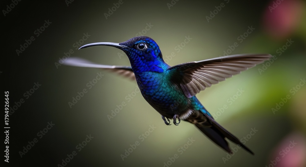 Fototapeta premium Telephoto fine art portrait of a Black Jacobin hummingbird, iridescent highlights, ultra shallow DOF