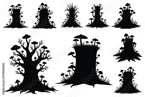 Black silhouettes of mushroom trees and stumps vector
