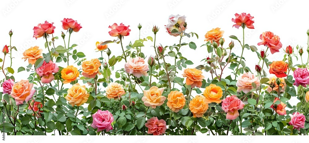 Obraz premium Colorful blooming roses in pink, orange, and yellow with green leaves and stems on white background, isolated for garden design projects.