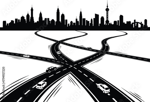 Black and white cityscape with intersecting highways and cars, cityscape, skyline, silhouette, highway, road, intersection, traffic, cars, transportation, travel, journey, direction, choice, crossroad