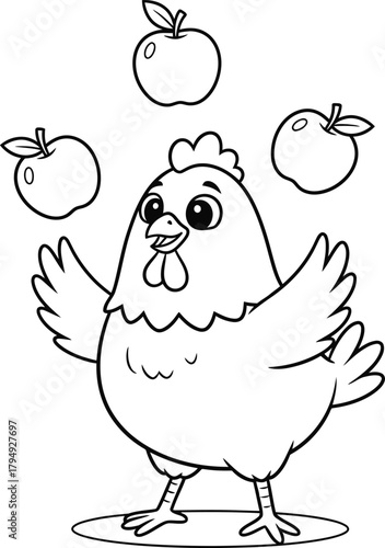 Funny chicken juggling apples coloring page – cute cartoon farm animal line art for kids and preschool activity books