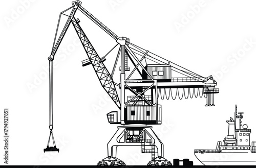 Black and white illustration of a large port crane loading a ship, crane, port, ship, loading, cargo, industrial, maritime, transportation, logistics, heavy machinery, engineering, construction, dock,
