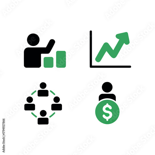 Iconographic representation of business growth teamwork presentation and financial success in a graphic design vector, illustration, artwork