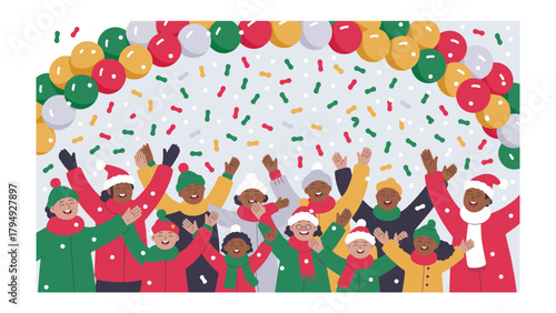 Celebratory Gathering under Balloons and Confetti: A diverse assembly of people, adorned in festive attire, joyously reach for the sky amidst a shower of colorful confetti and a vibrant balloon arch.