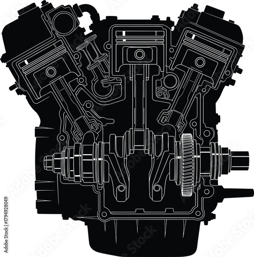 Black and white illustration of a V-twin engine cross-section, engine, v-twin, motor, mechanical, engineering, automotive, vehicle, internal combustion, pistons, crankshaft, cylinders, valves, gears, 